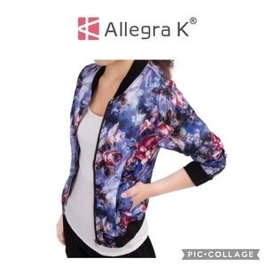 Allegra K Women Stand Collar Zip Up Floral Print Bomber Jacket size M